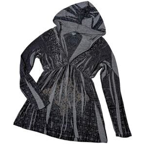 Vintage Y2K Hooded Graphic Tunic Top Whimsigoth Goth Fairy Grunge Emo Black L